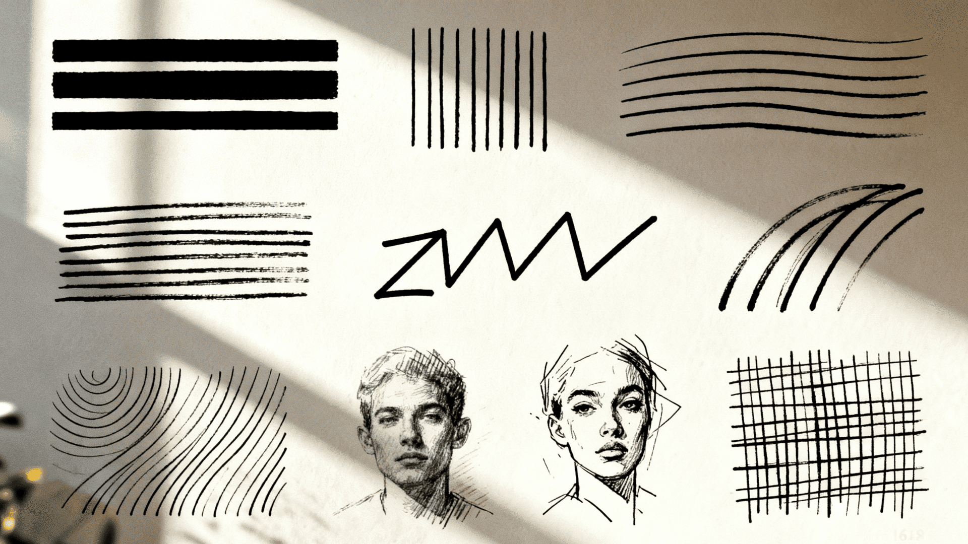 Line art examples featuring horizontal, vertical, curved, zigzag, and grid lines with minimalist sketch portraits