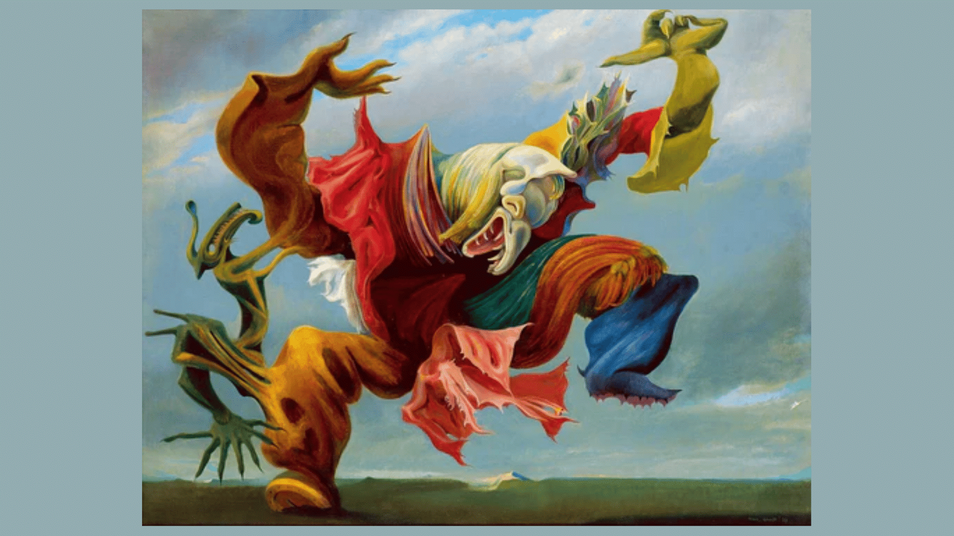 Max Ernst surreal painting with a colorful abstract creature of flowing fabric, distorted limbs, and dreamlike forms.