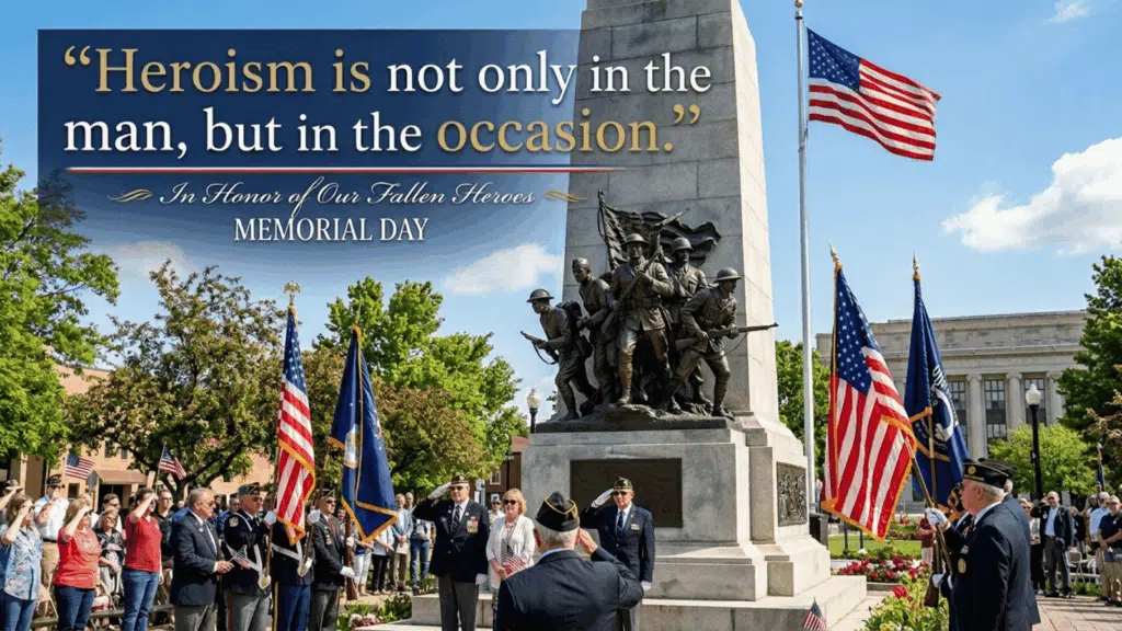 memorial Day ceremony at war memorial with soldiers statue, American flags, and crowd honoring fallen heroes with tribute quote