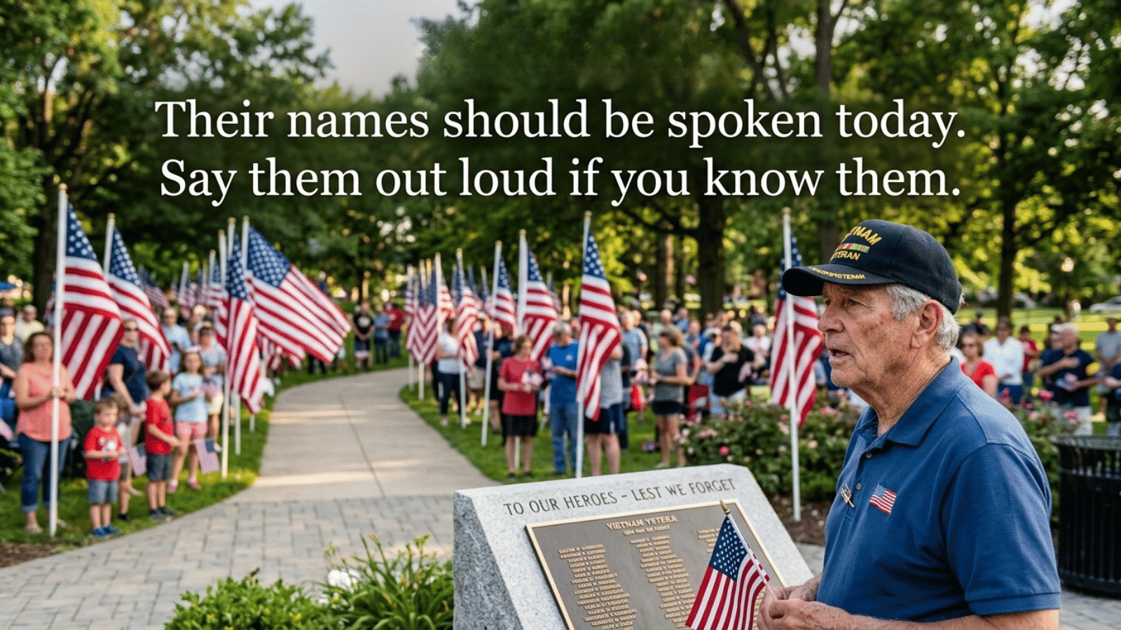 memorial Day gathering with veteran near flags and crowd, honoring heroes and encouraging remembrance of their names