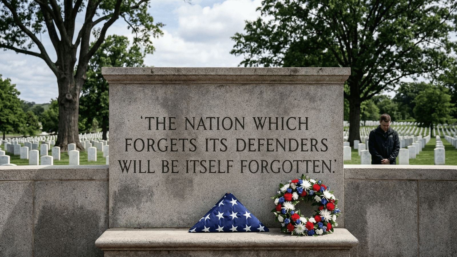 memorial headstone with patriotic wreath and folded flag, engraved quote about honoring defenders in a peaceful cemetery setting
