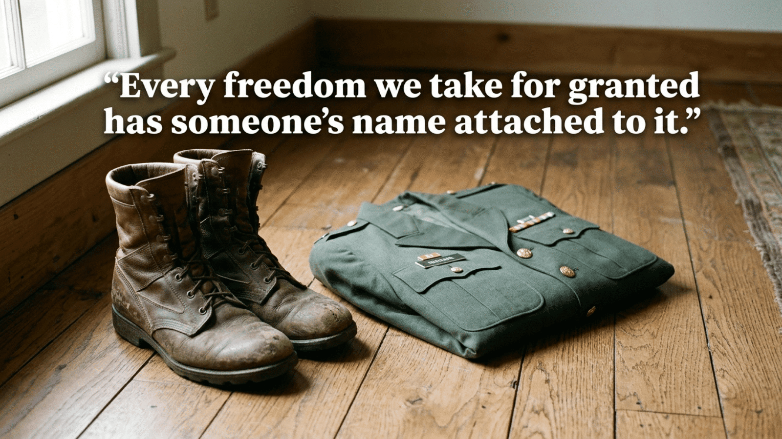 military boots and folded uniform on wooden floor with quote about freedom and sacrifice, symbolizing remembrance of service