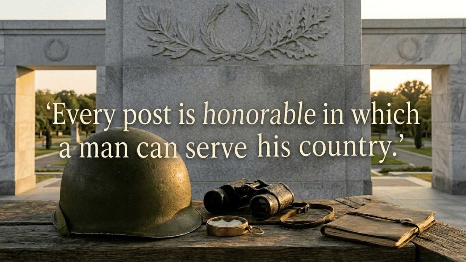 military helmet, binoculars, and journal at memorial site with engraved quote about service and honor in a peaceful tribute setting