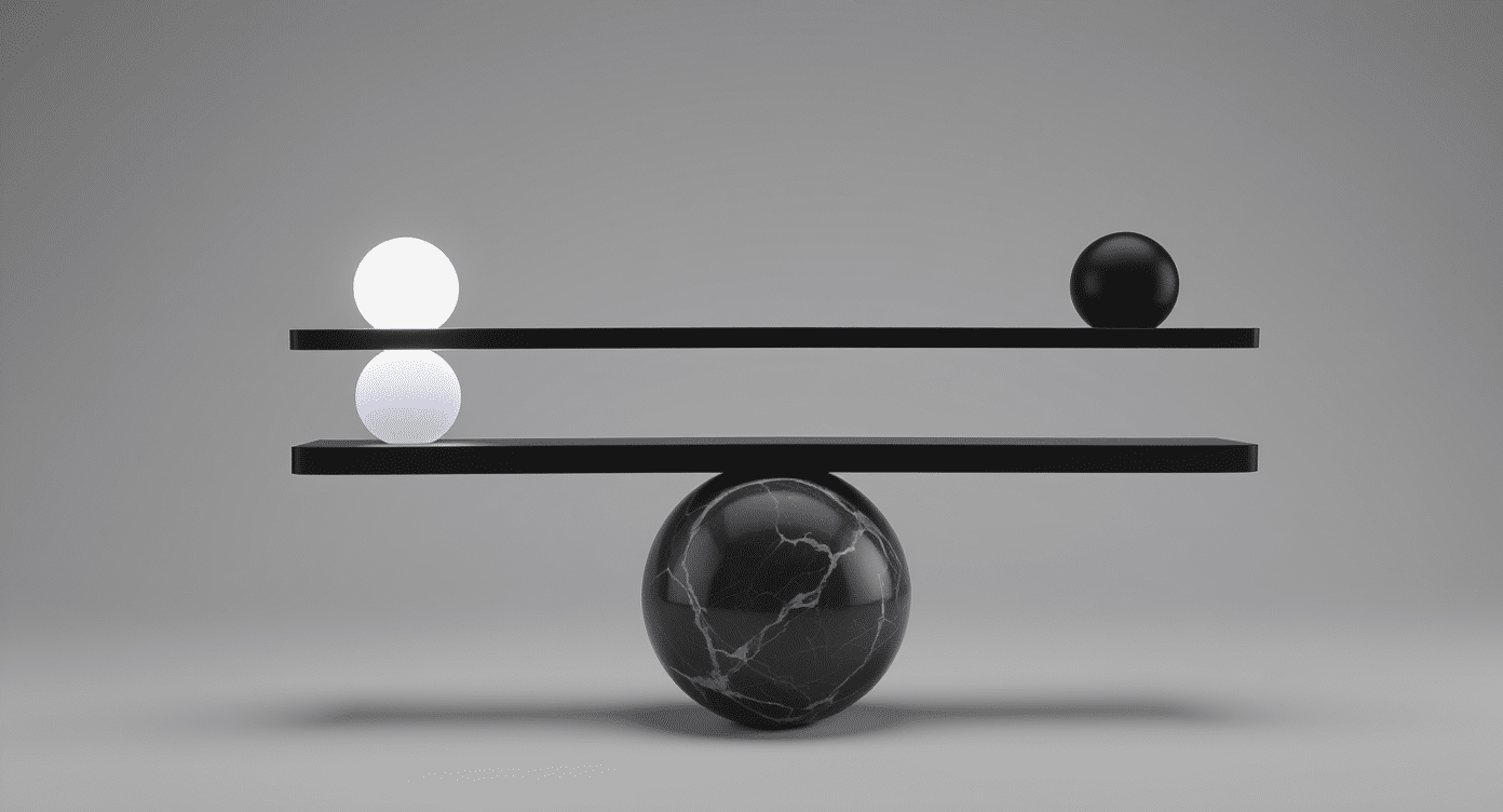 Minimal black and white balancing sculpture with geometric spheres on floating platforms against a soft gray background