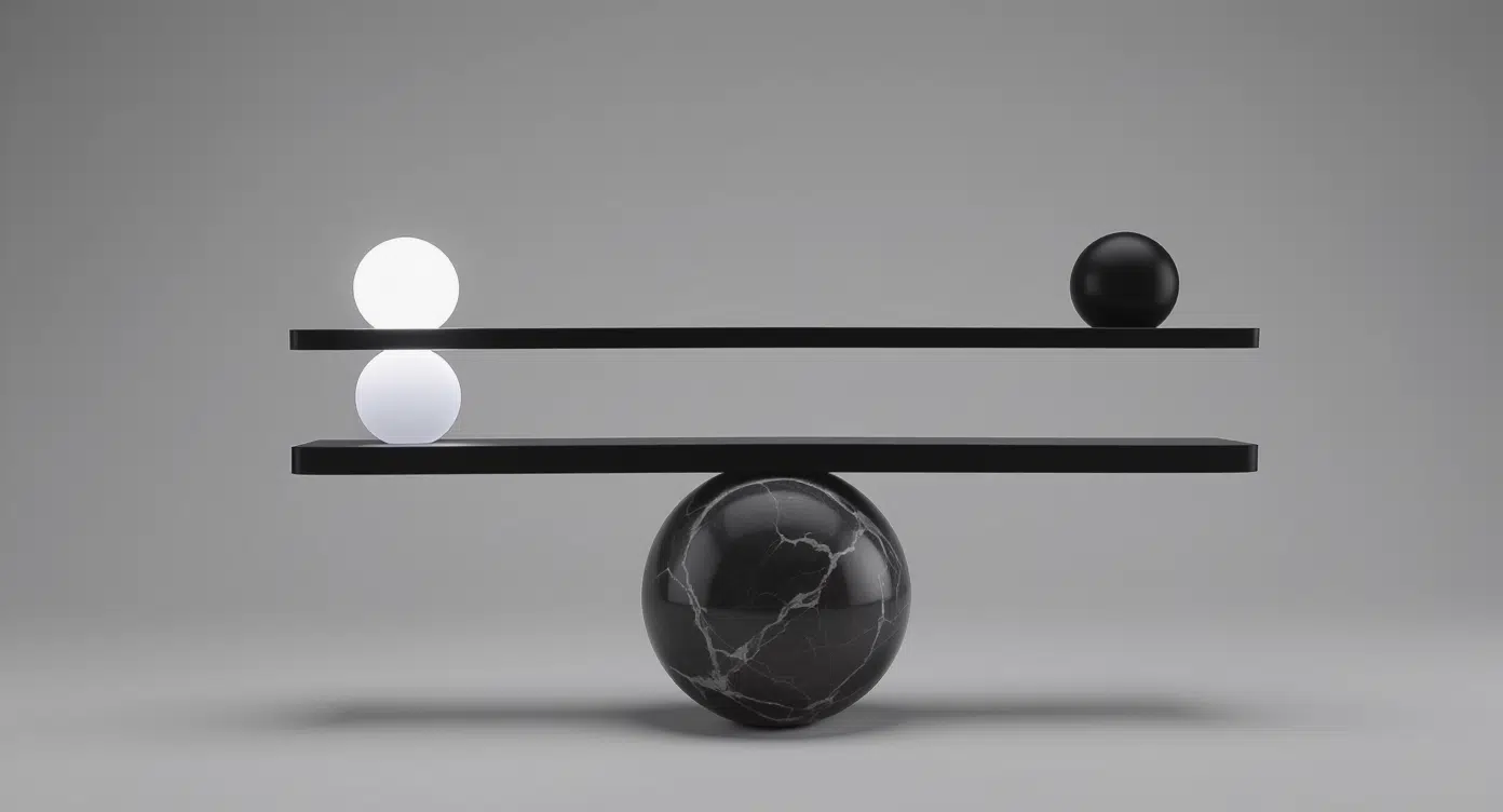 Minimal black and white balancing sculpture with geometric spheres on floating platforms against a soft gray background