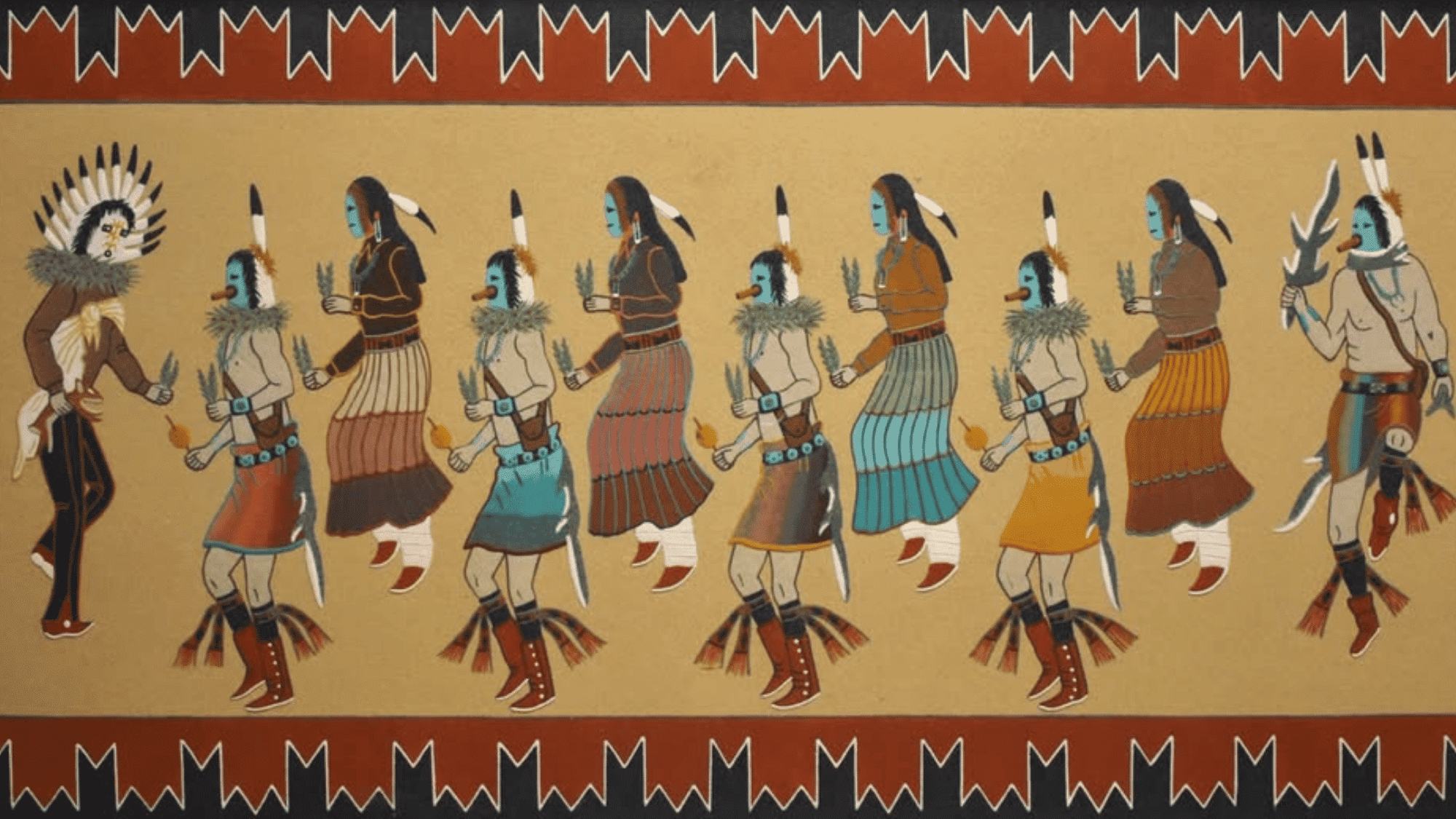 navajo ceremonial dancers traditional native american sand painting artwork with southwestern tribal design