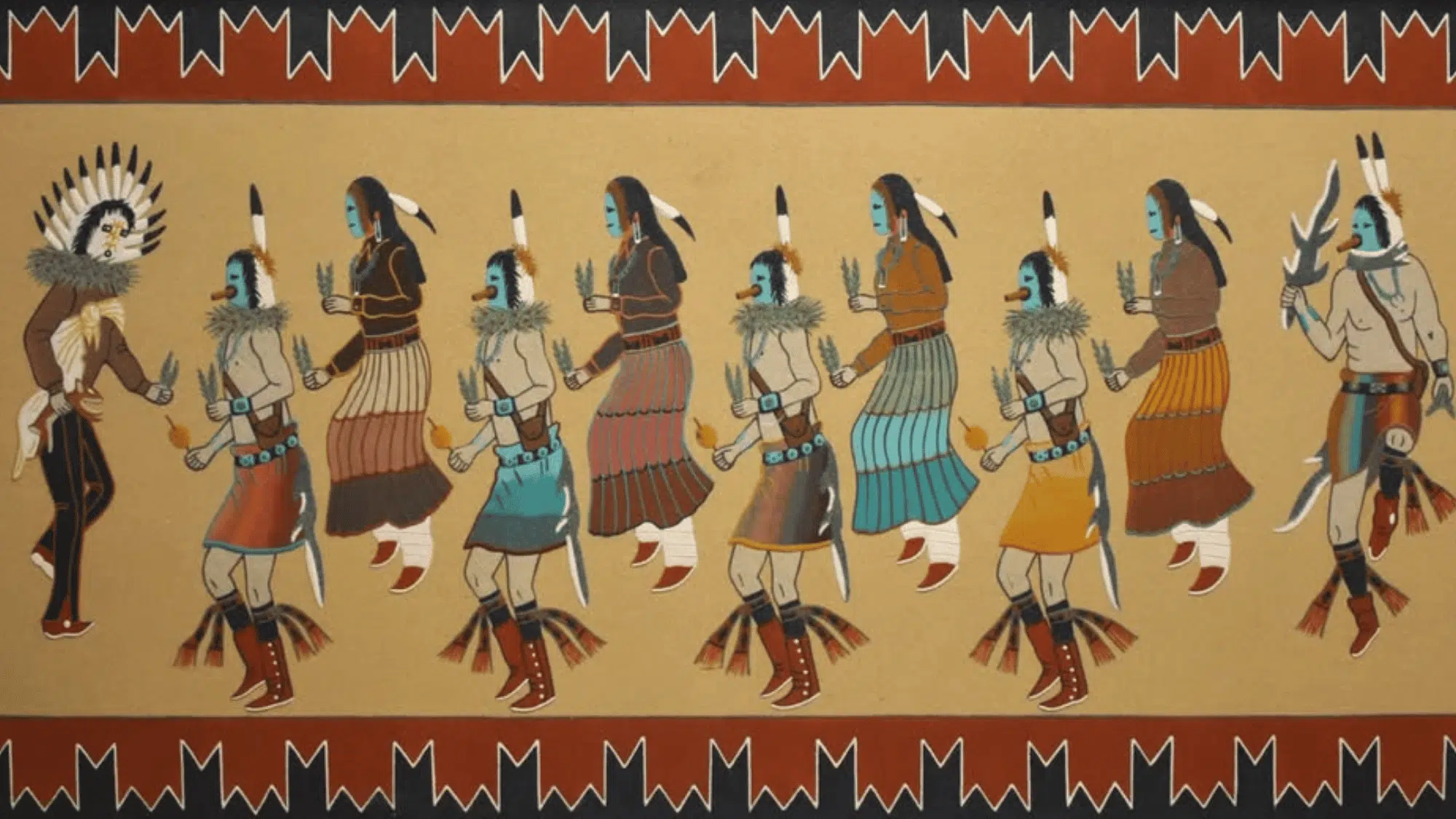 navajo ceremonial dancers traditional native american sand painting artwork with southwestern tribal design