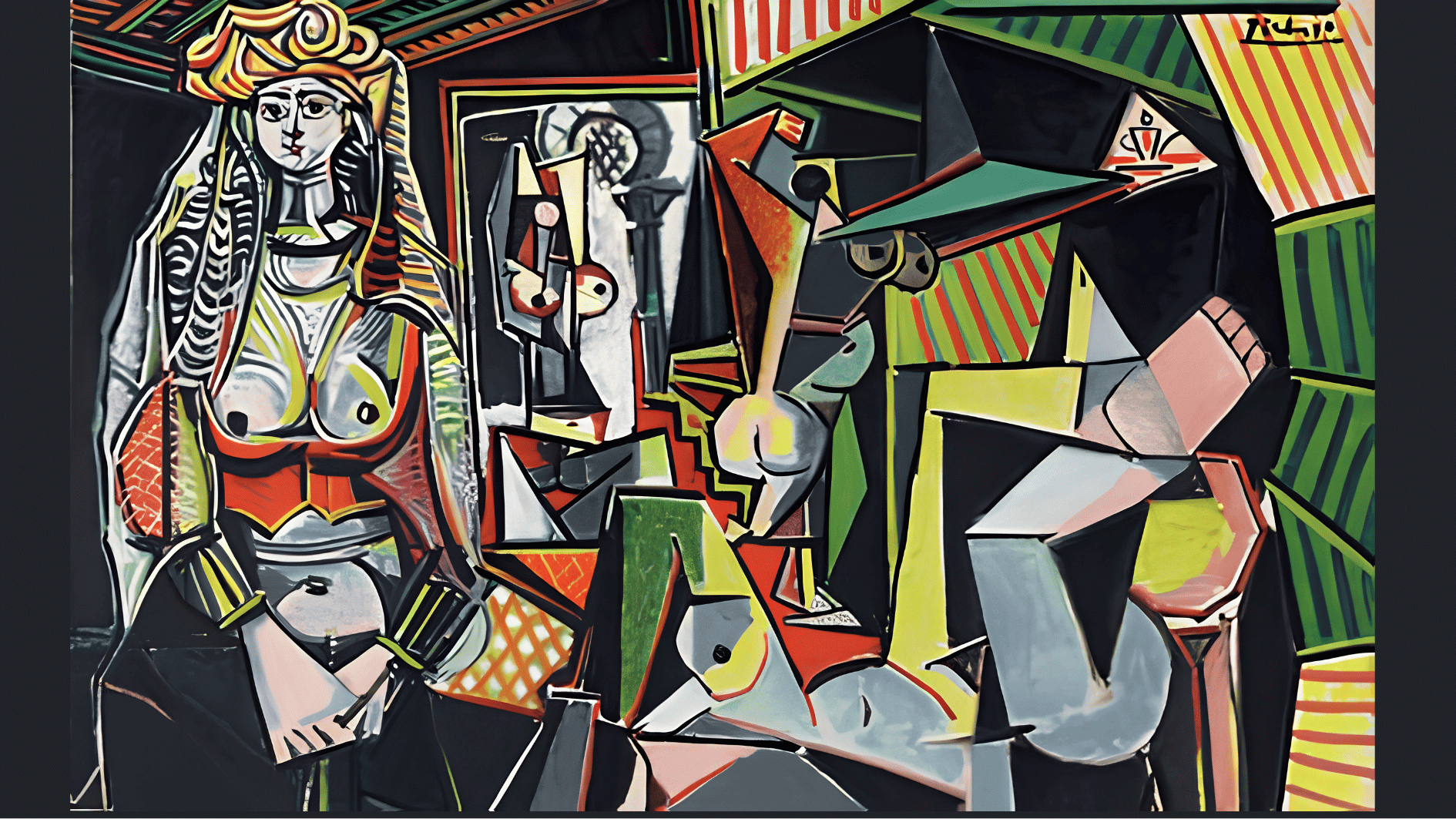 pablo picasso cubist painting featuring colorful geometric figures inspired by Algerian women