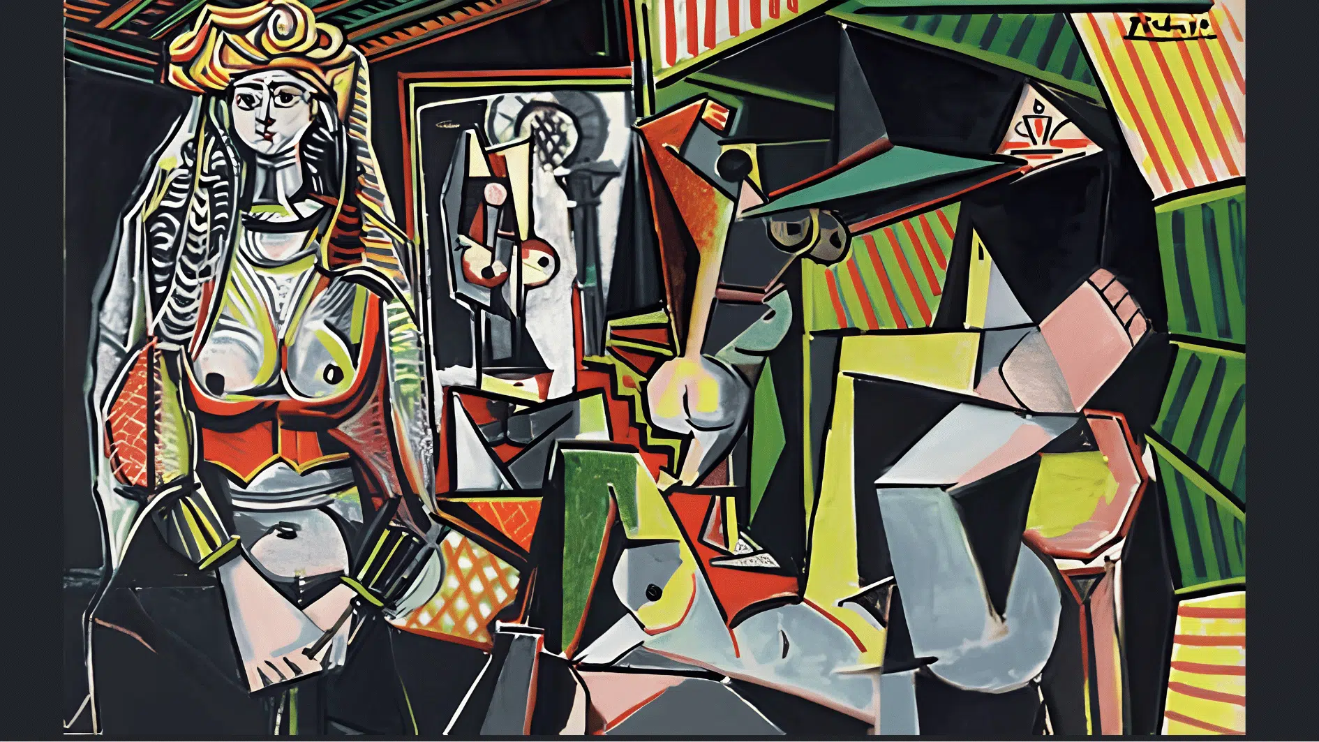 pablo picasso cubist painting featuring colorful geometric figures inspired by Algerian women