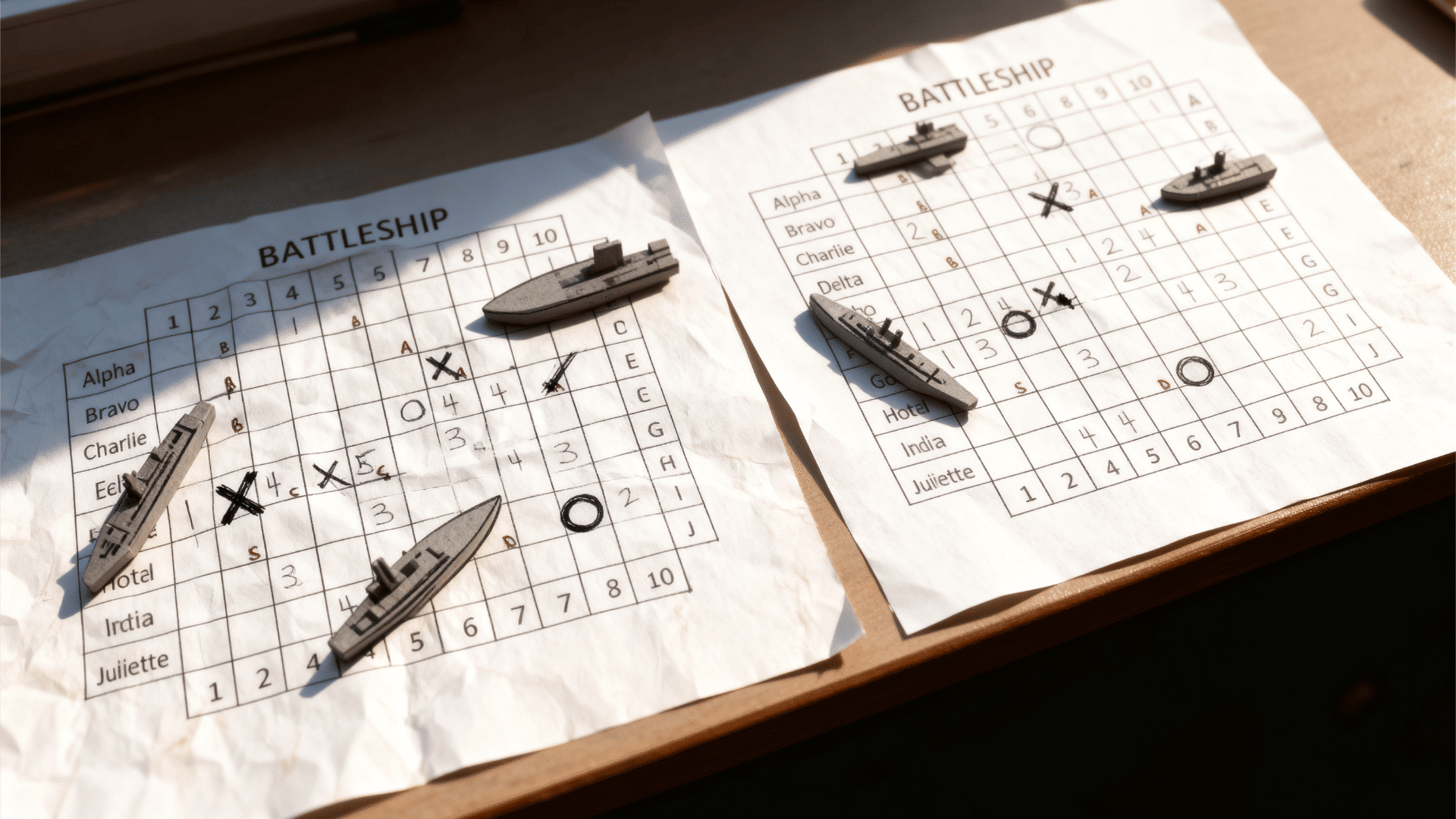 Paper Battleship game with marked grids, ships, and hit-or-miss symbols on a wooden table.