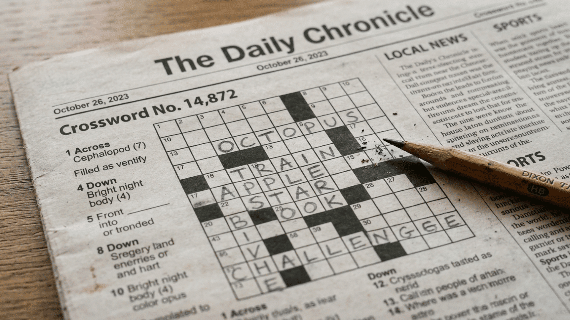 Partially completed crossword puzzle with a pencil beside it under warm desk lighting.