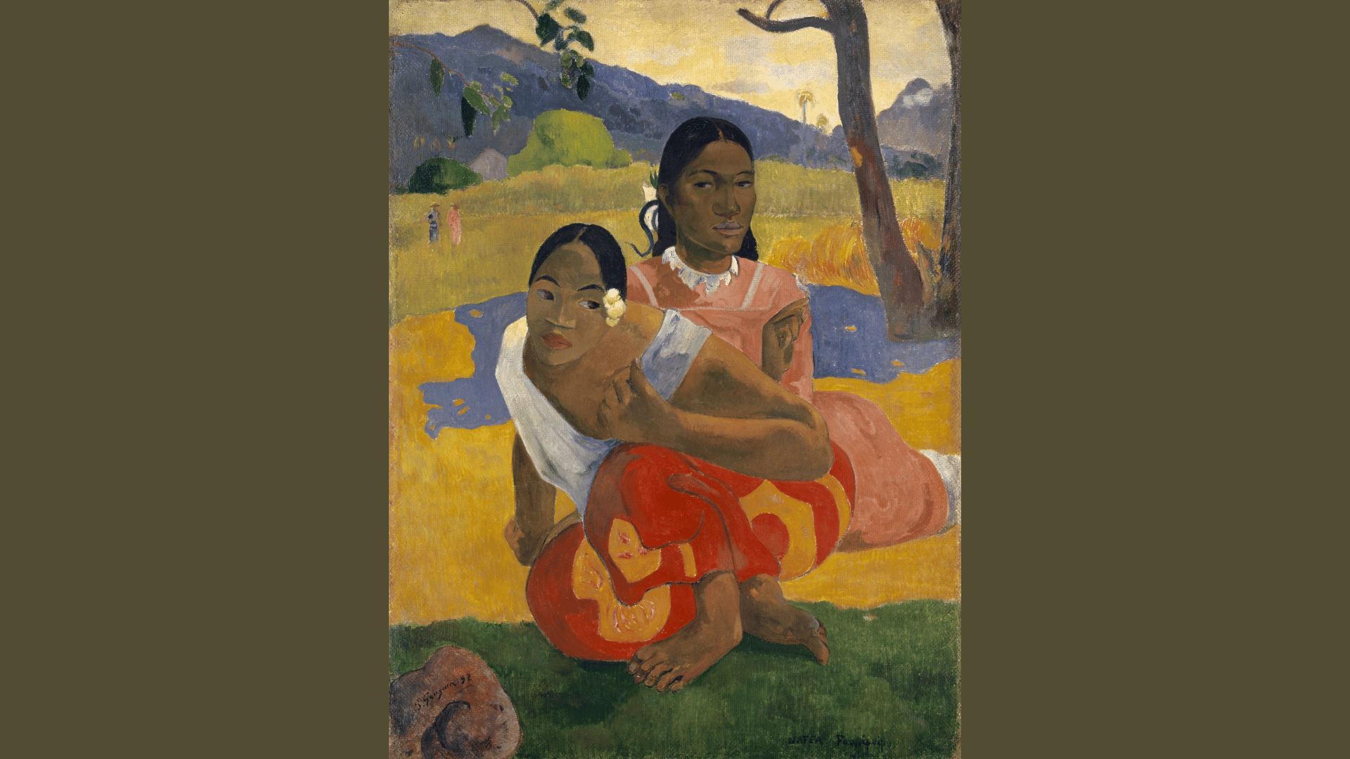 paul gauguin painting of two tahitian women seated outdoors in a vibrant tropical setting.