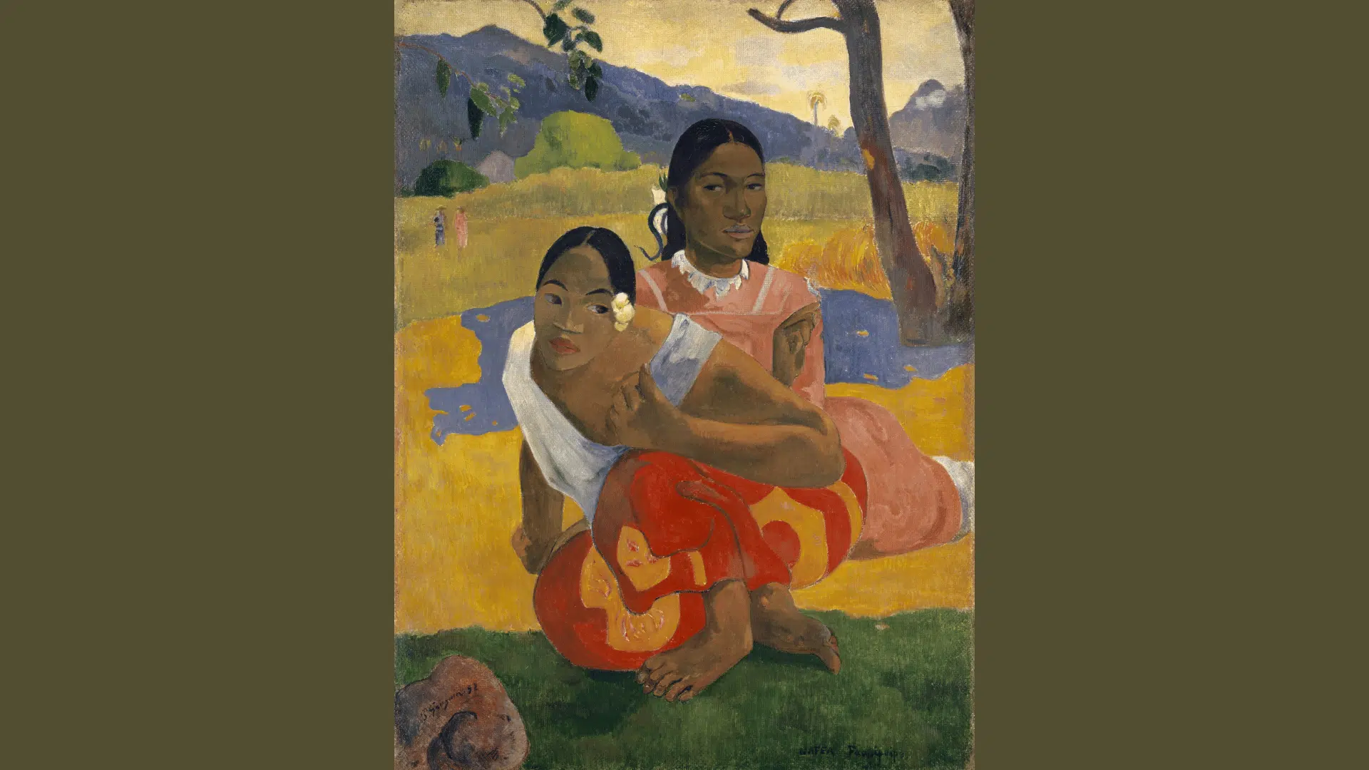 paul gauguin painting of two tahitian women seated outdoors in a vibrant tropical setting.