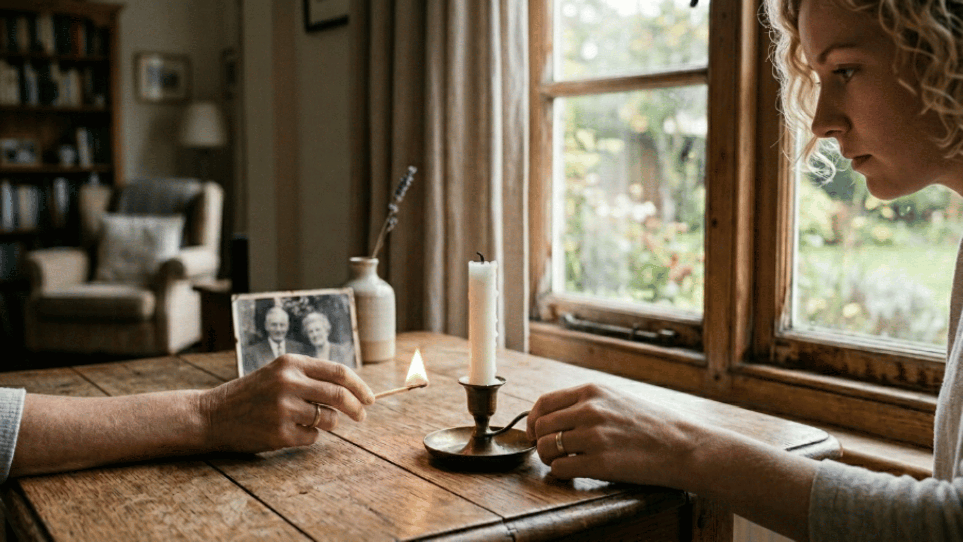 person lighting a candle on a wooden table near a window, reflecting quietly during Memorial Day in a calm home setting