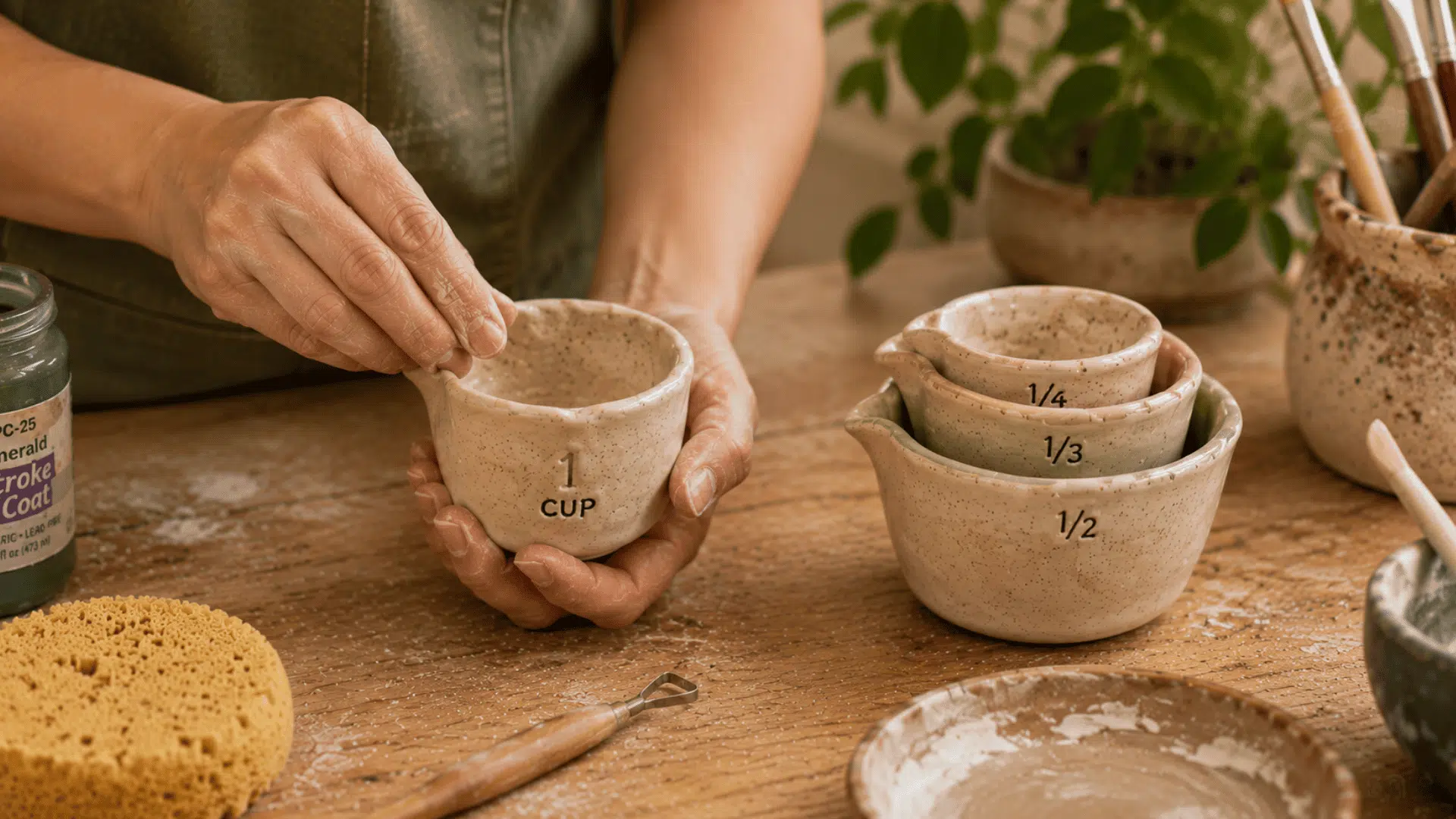 Person shaping handmade ceramic pinch pot measuring cups in cozy pottery studio with stacked nesting clay cups nearby