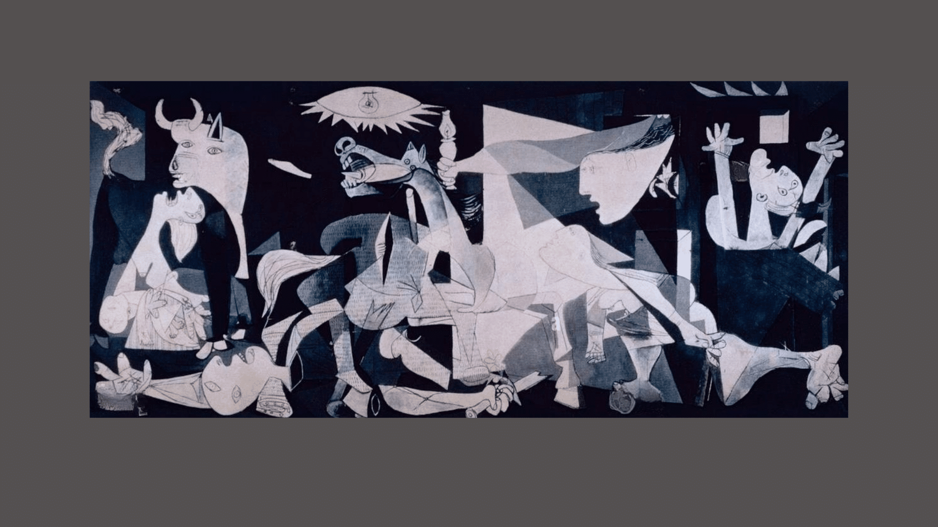 Picasso’s Guernica depicts distorted figures, animals, and chaos in a powerful black-and-white anti-war mural.