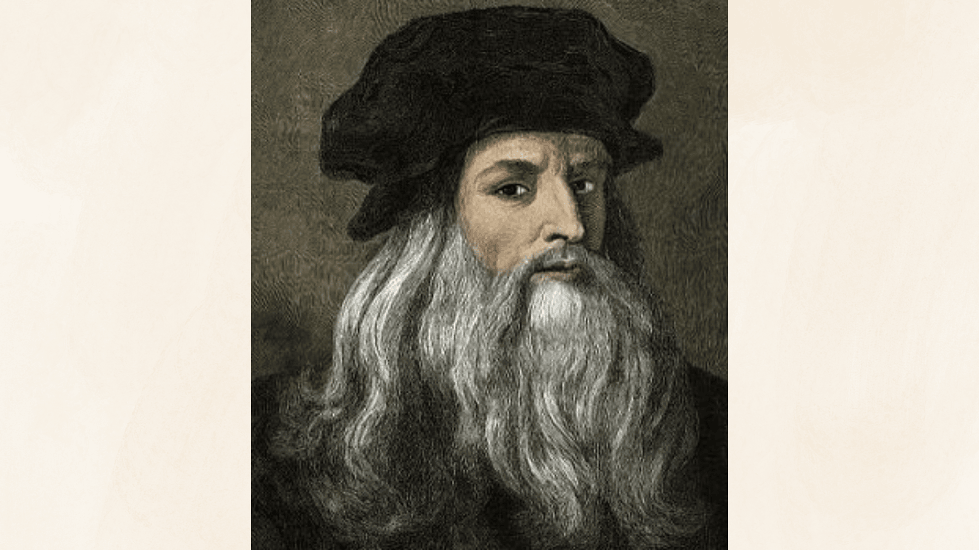 portrait of leonardo da vinci with long beard wearing dark clothing during the renaissance period