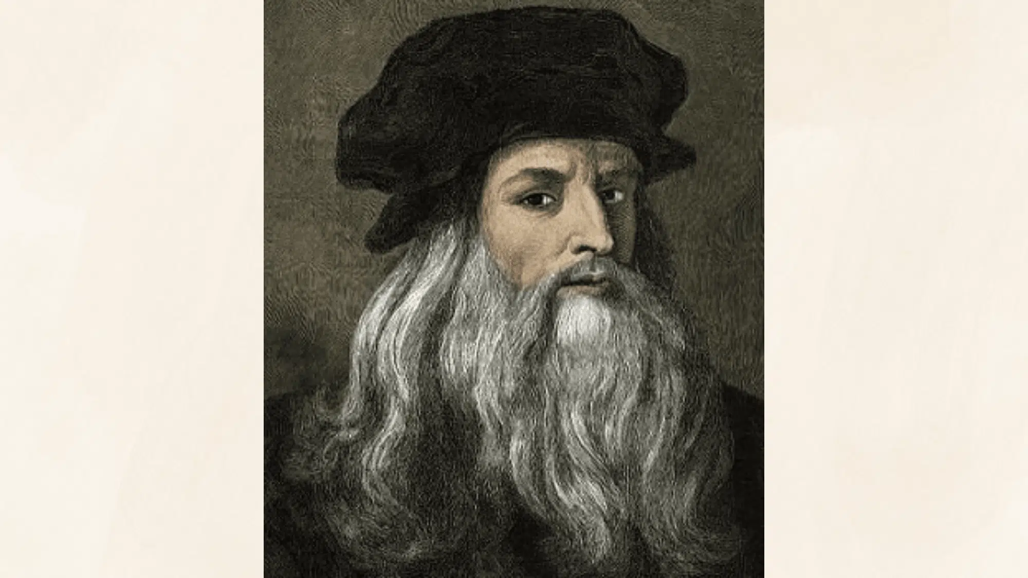 portrait of leonardo da vinci with long beard wearing dark clothing during the renaissance period