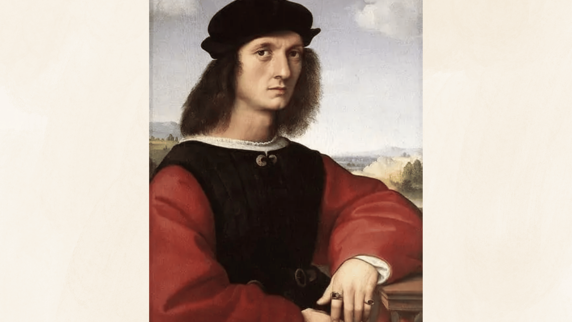 portrait painting of raphael wearing red clothing during the renaissance period