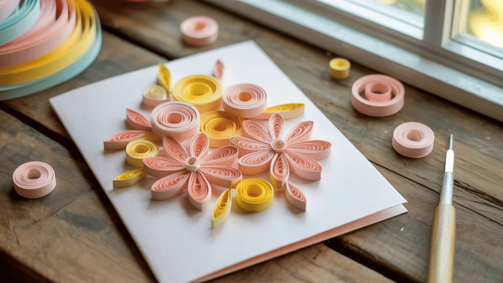 quilling paper flower design in pastel pink and yellow on card, with crafting tools on wooden table, creative DIY gift idea