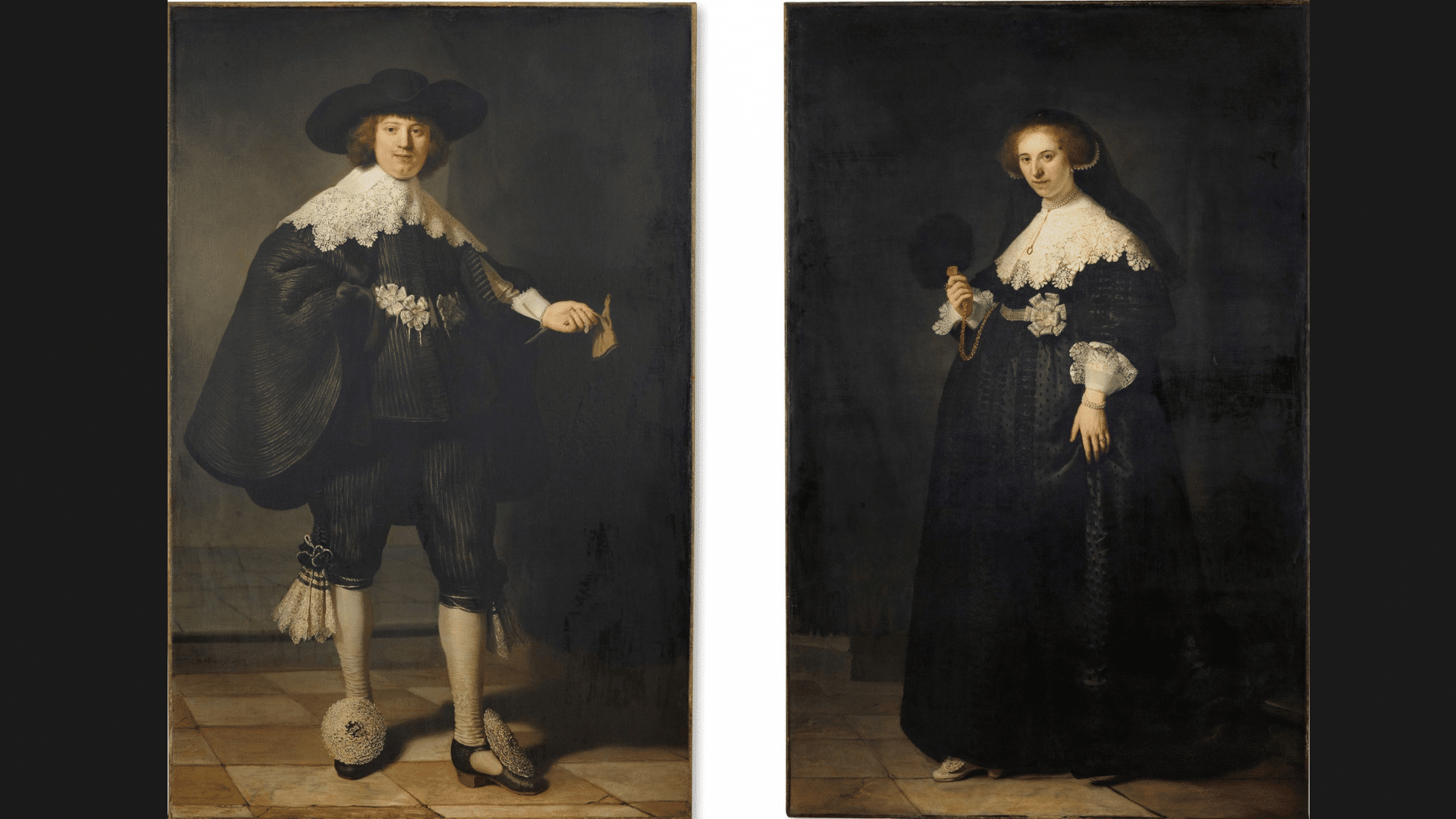 rembrandt’s full-length wedding portraits of a wealthy Dutch couple in elegant black clothing.
