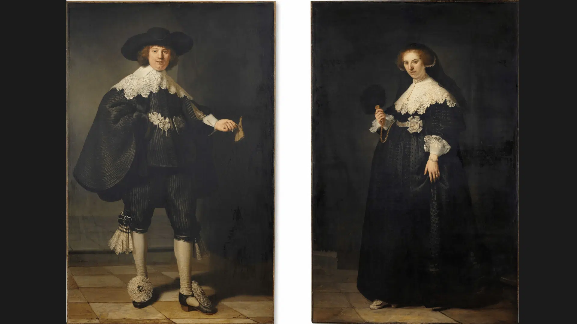 rembrandt’s full-length wedding portraits of a wealthy Dutch couple in elegant black clothing.