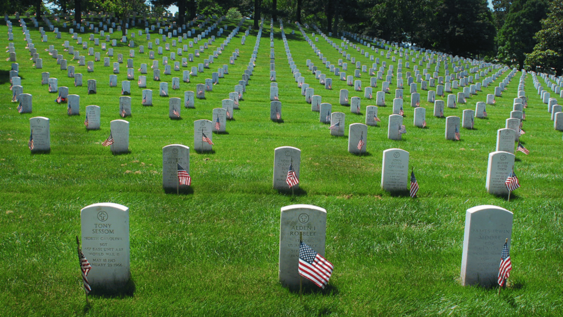 rows of white headstones with American flags line a peaceful military cemetery in tribute to fallen U.S. service members.