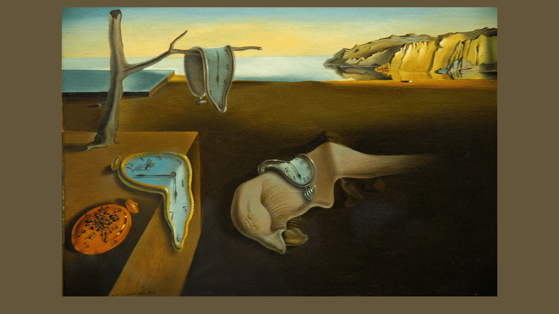 Salvador Dalí’s surreal painting The Persistence of Memory with melting clocks draped across a barren desert landscape.