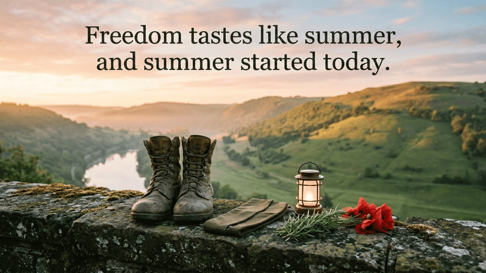 scenic hillside with American flag, boots, lantern, and flowers, featuring quote about freedom and courage at sunset