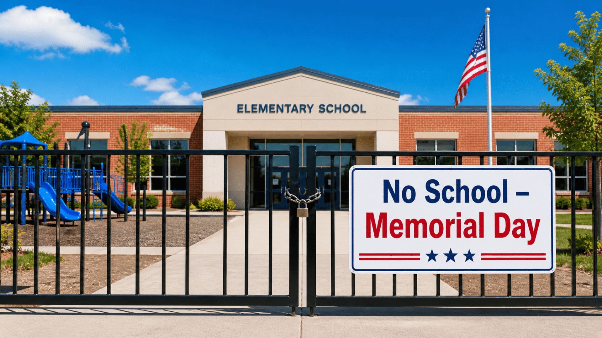 School closed on Memorial Day with sign on gate, empty playground, bright sunny day and American flag at modern school entrance