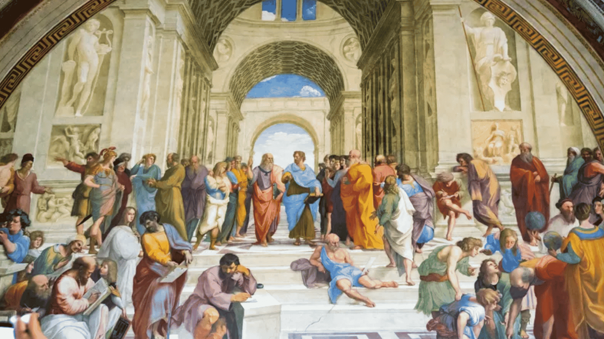school of athens painting with central figures and balanced groups of philosophers under grand arches