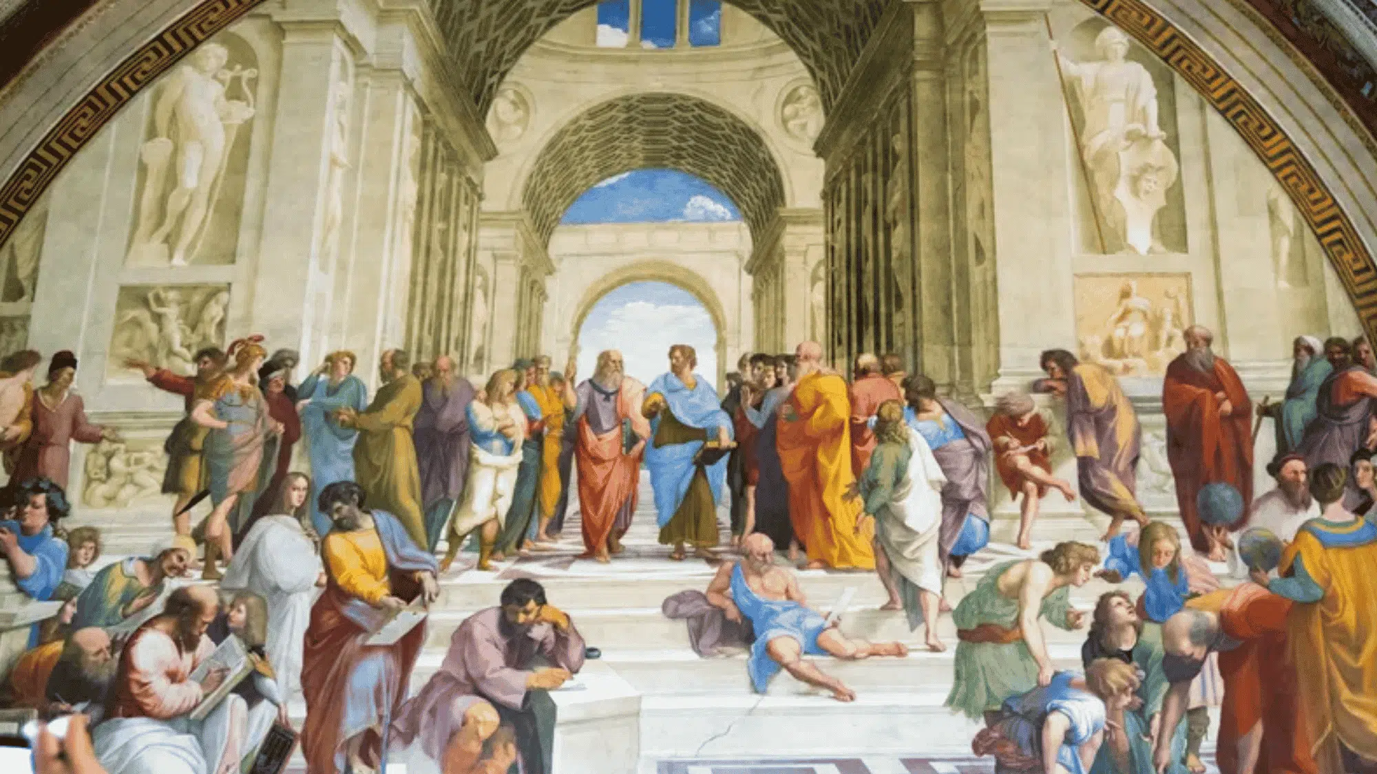 school of athens painting with central figures and balanced groups of philosophers under grand arches