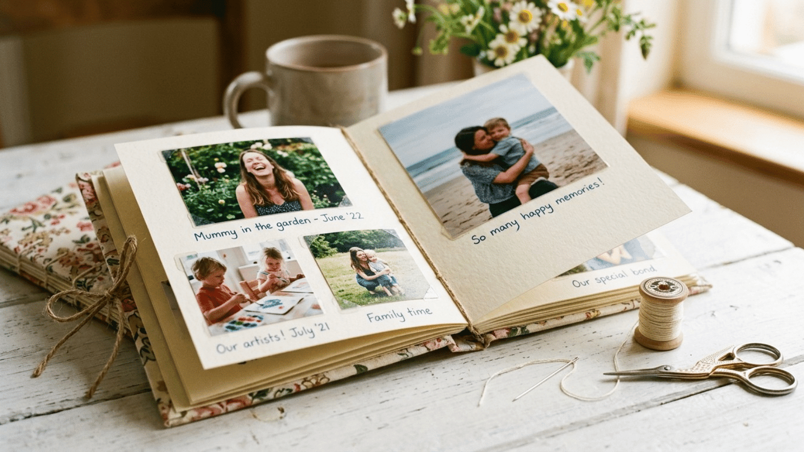 scrapbook photo album with family pictures and handwritten captions, meaningful memory book for Mother’s Day gift