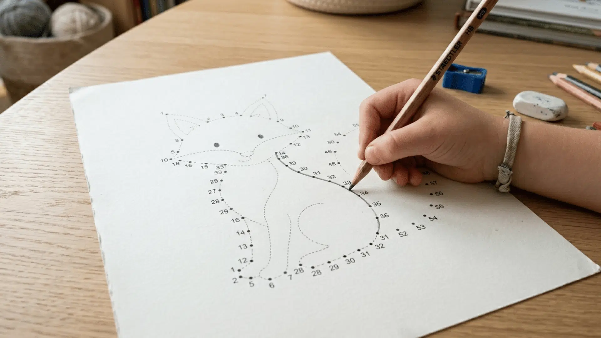 Sequentially numbered connect-the-dots puzzle forming an animal drawing with a pencil tracing the lines.