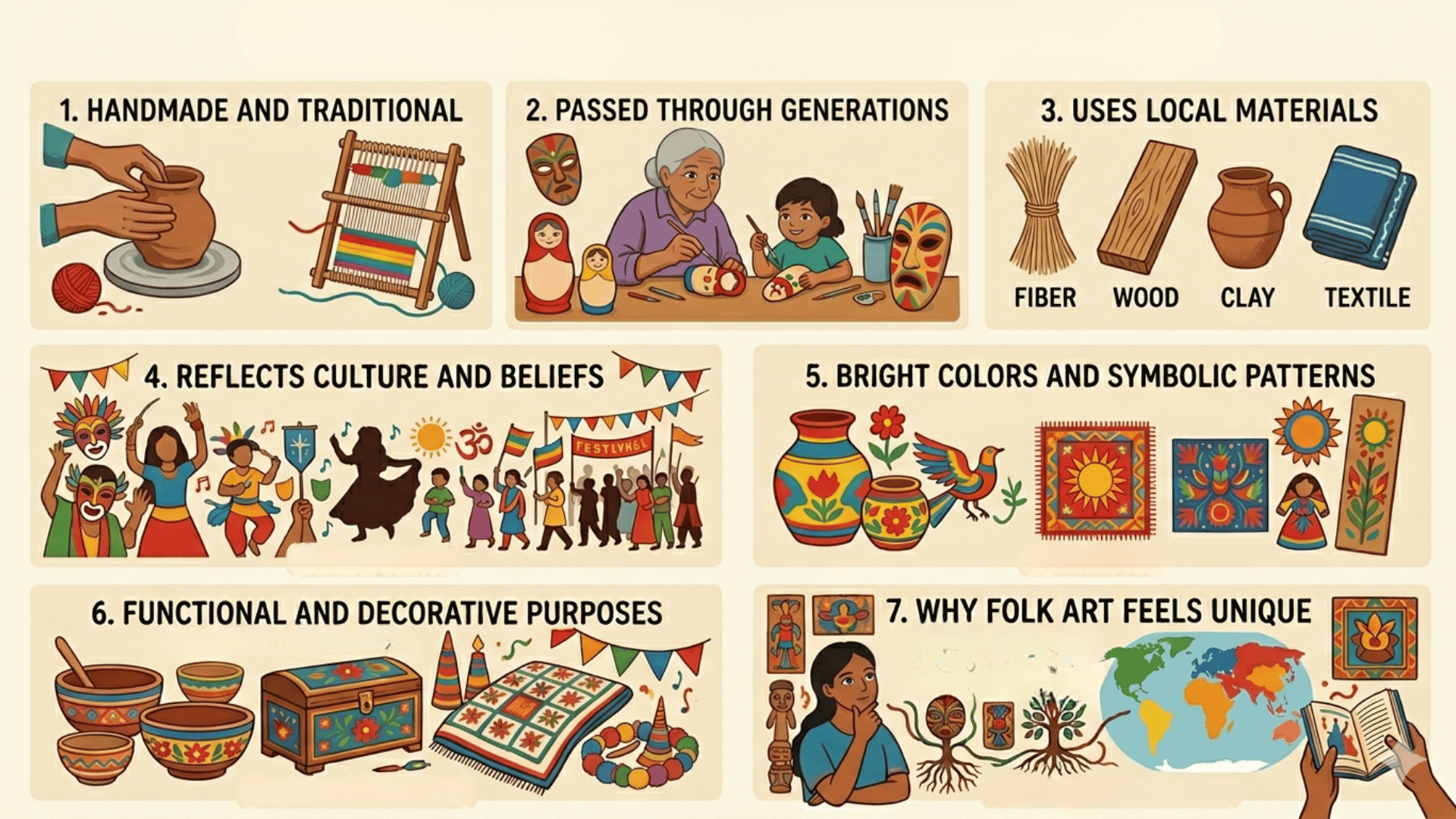 Seven-point infographic showing folk art traits like being handmade, using local materials, reflecting culture, and having patterns.