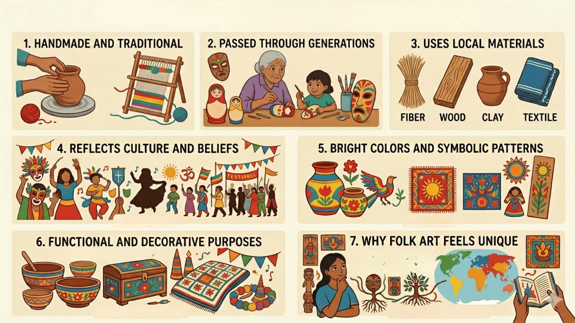 Seven-point infographic showing folk art traits like being handmade, using local materials, reflecting culture, and having patterns.