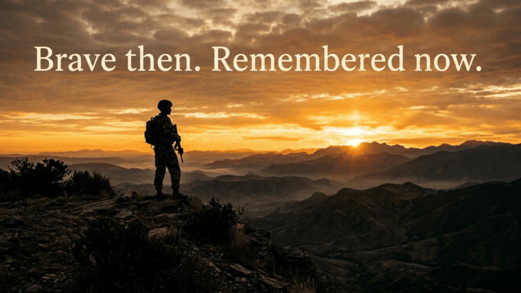 silhouette of soldier standing on mountain at sunrise with tribute text “Brave then. Remembered now.” honoring fallen heroes