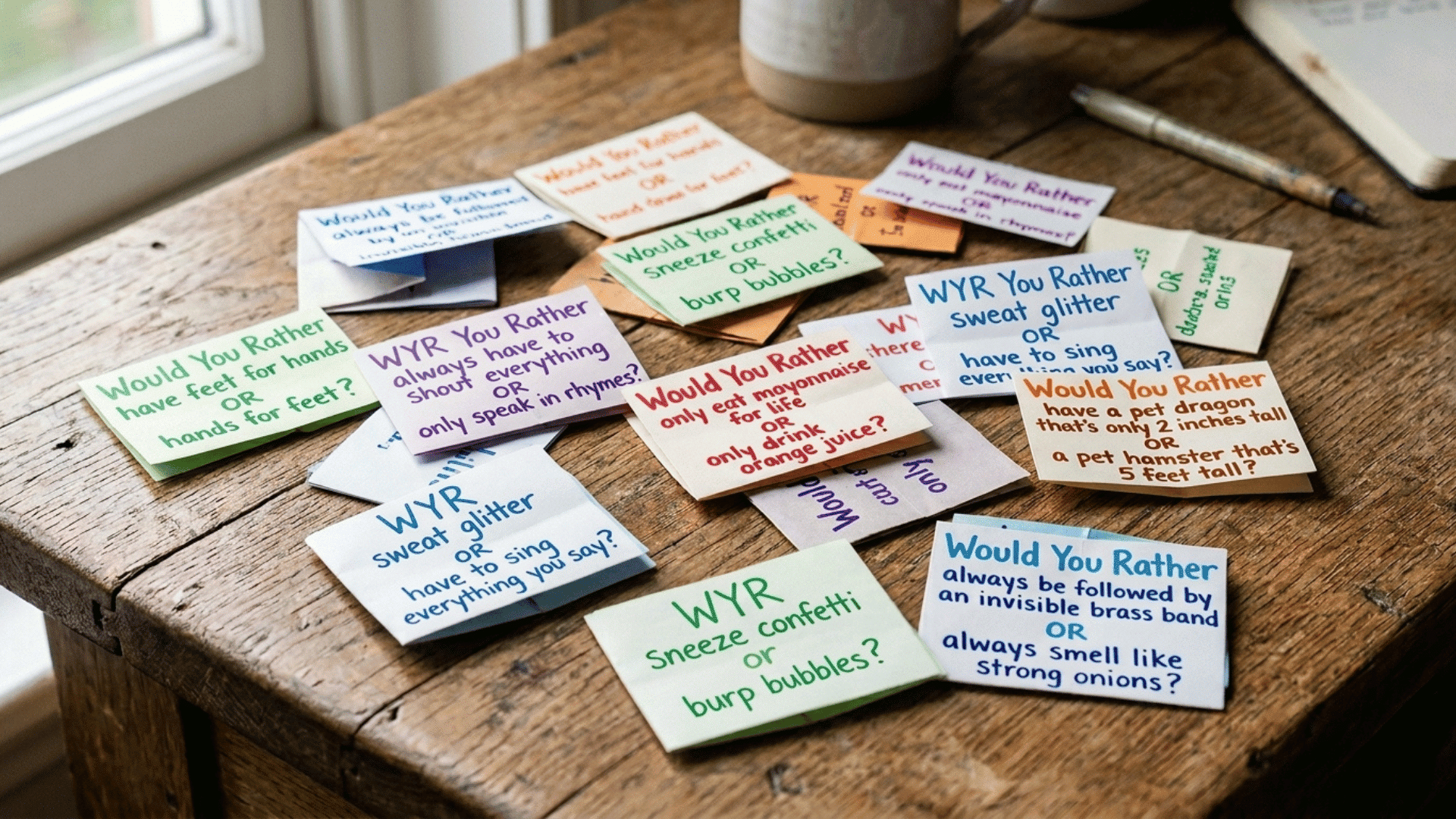 Small paper slips containing funny “Would You Rather” questions scattered across a table.