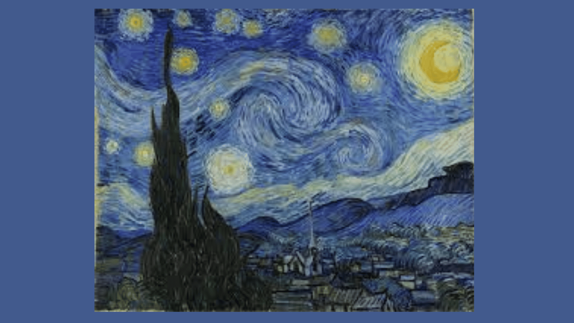 Starry Night by Vincent van Gogh showing swirling blue skies, glowing stars, and a quiet village at night.