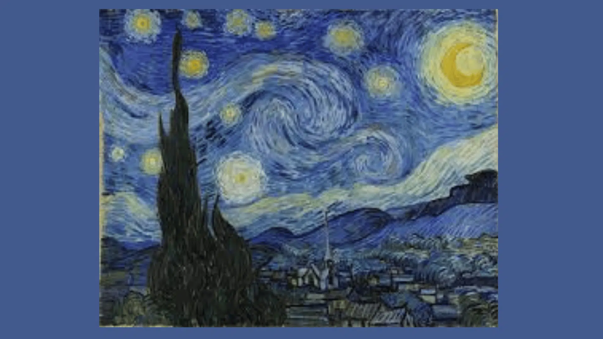 Starry Night by Vincent van Gogh showing swirling blue skies, glowing stars, and a quiet village at night.