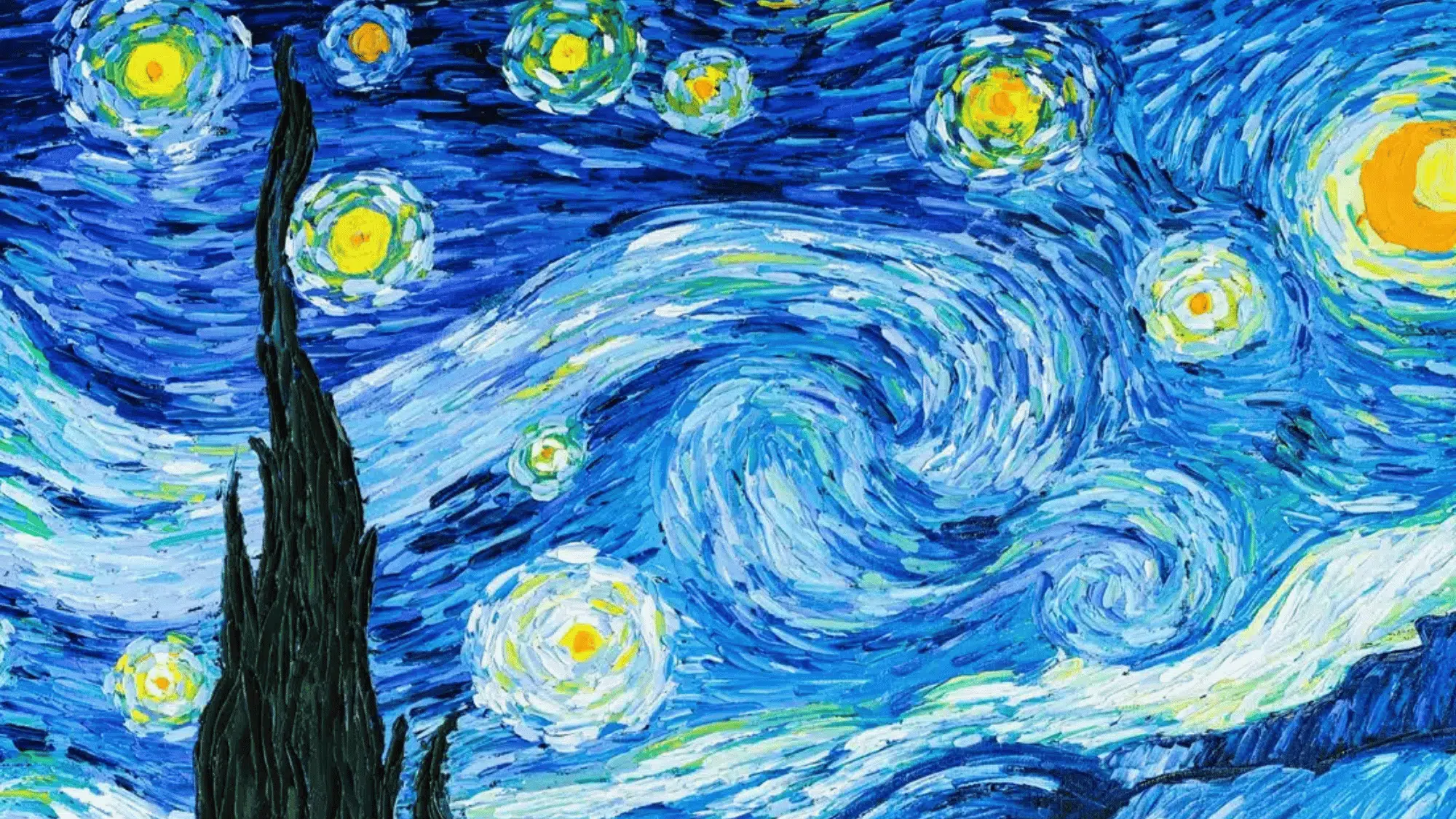 starry night painting with swirling sky bright stars and dark tree creating asymmetrical balance composition