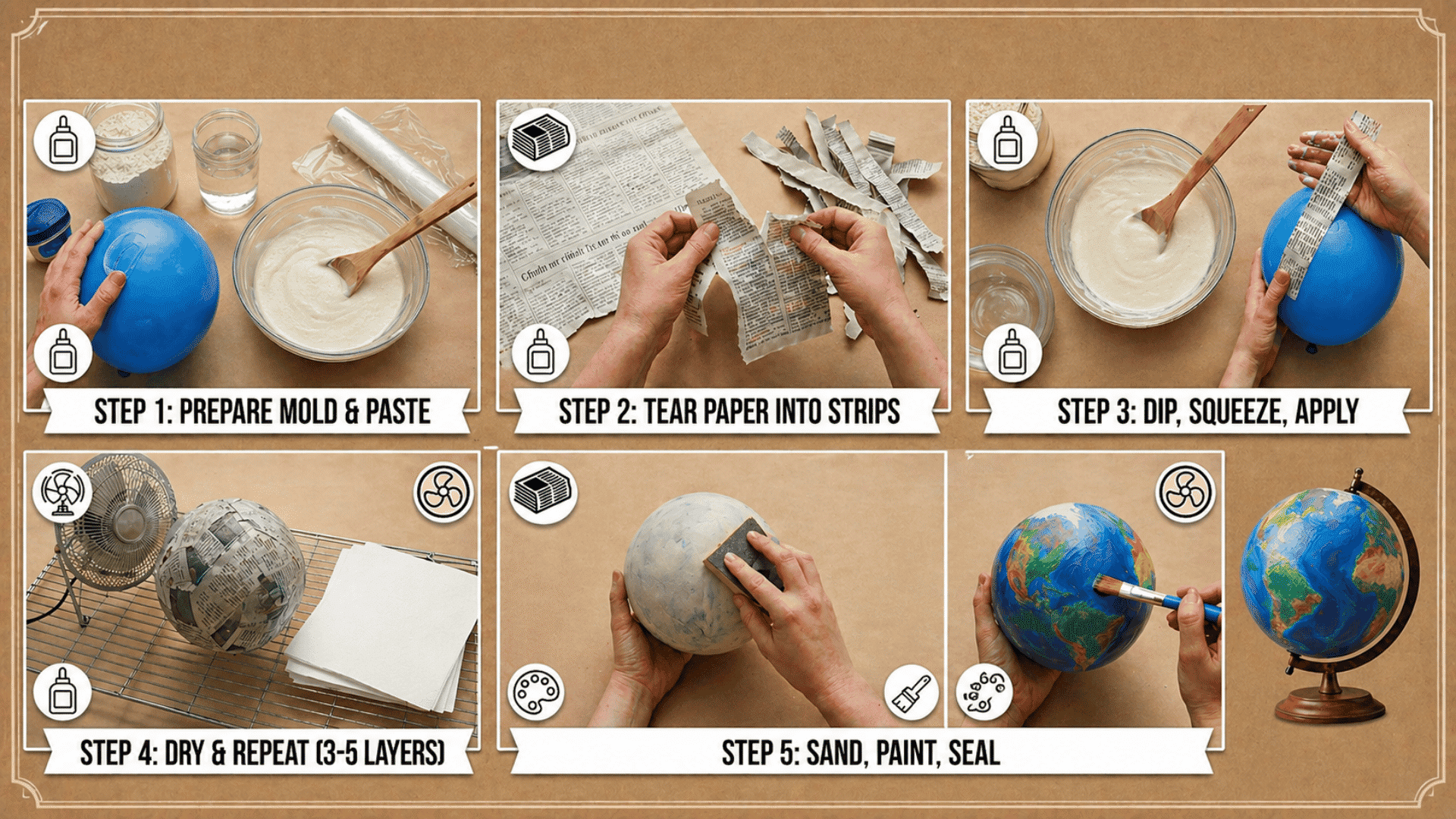 Step-by-step infographic of making a papier-mâché globe prepare paste, tear paper, apply layers, dry, sand, paint, and finish globe