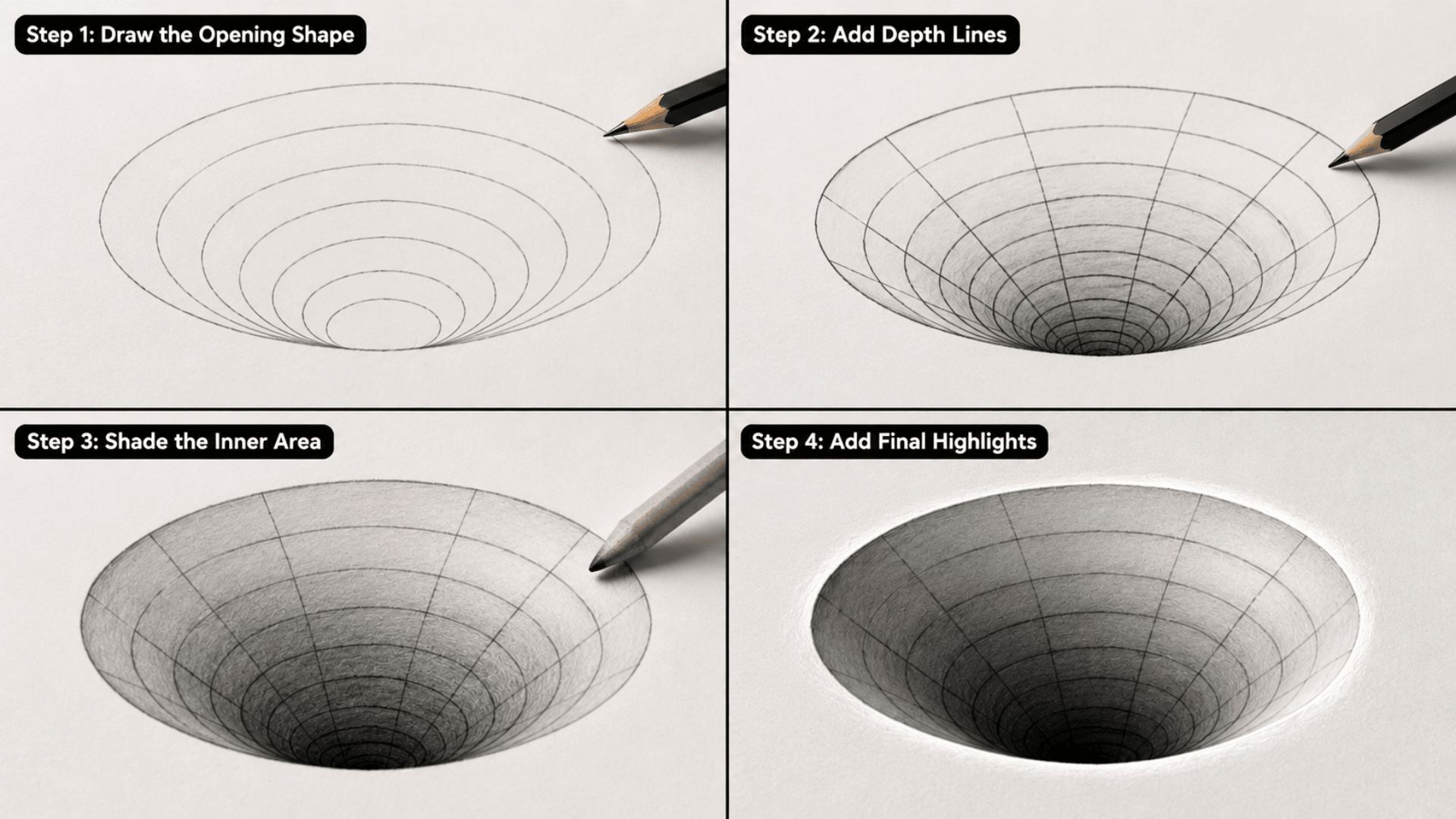 Step by step on how to draw a simple 3D hole using ovals, curved depth lines, shading, blending, and bright highlights.