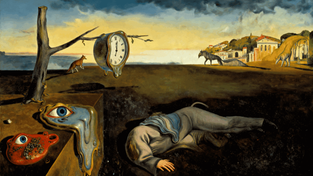Surrealist painting with melting clocks, floating eye forms, barren landscape, and dreamlike figures under a dark sky.