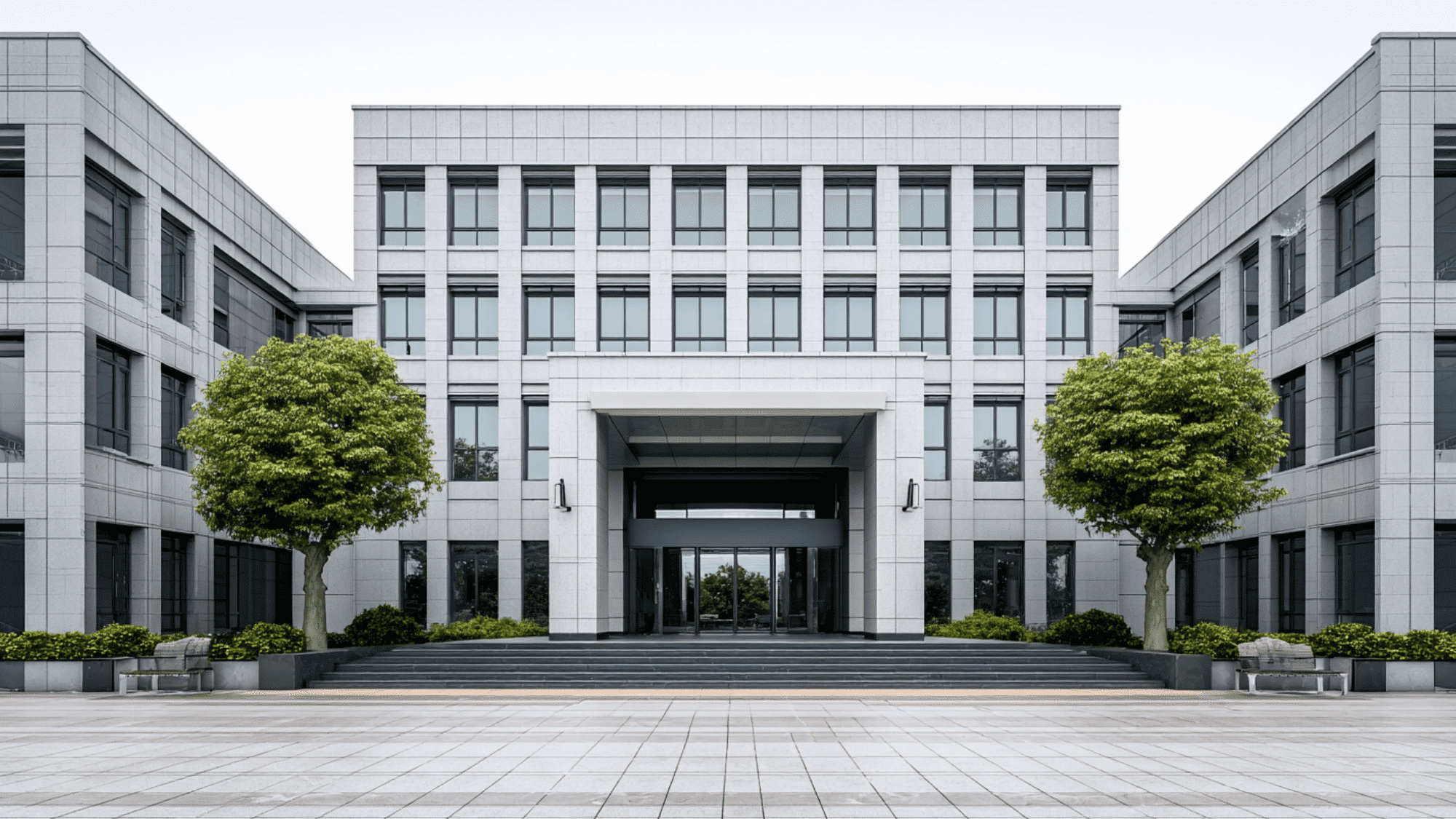 symmetrical building design with mirrored structure and centered entrance creating clean visual balance