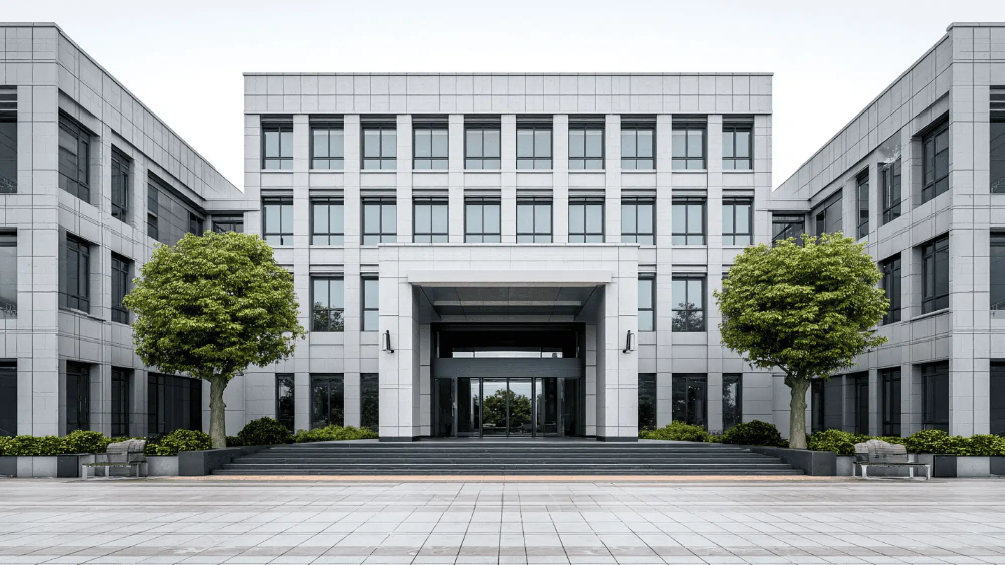 symmetrical building design with mirrored structure and centered entrance creating clean visual balance