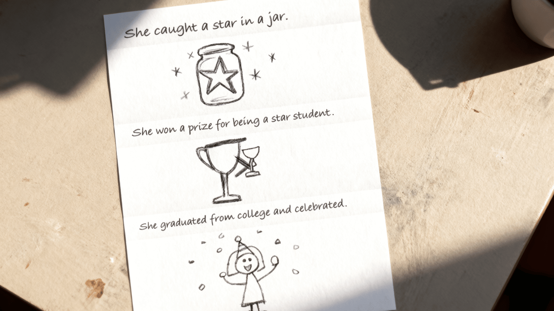 Telephone Pictionary game paper with handwritten sentences and simple sketches showing story guesses.