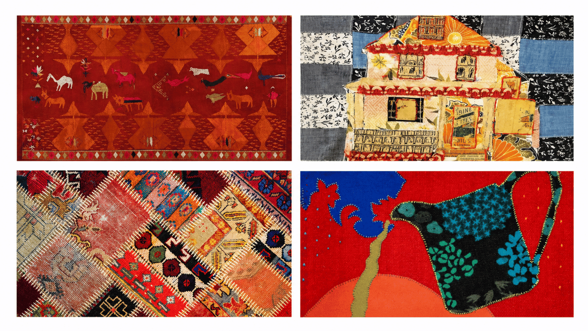 Textile Folk Art collage featuring vibrant patchwork quilts, embroidered motifs, woven textures, and handcrafted cultural designs.