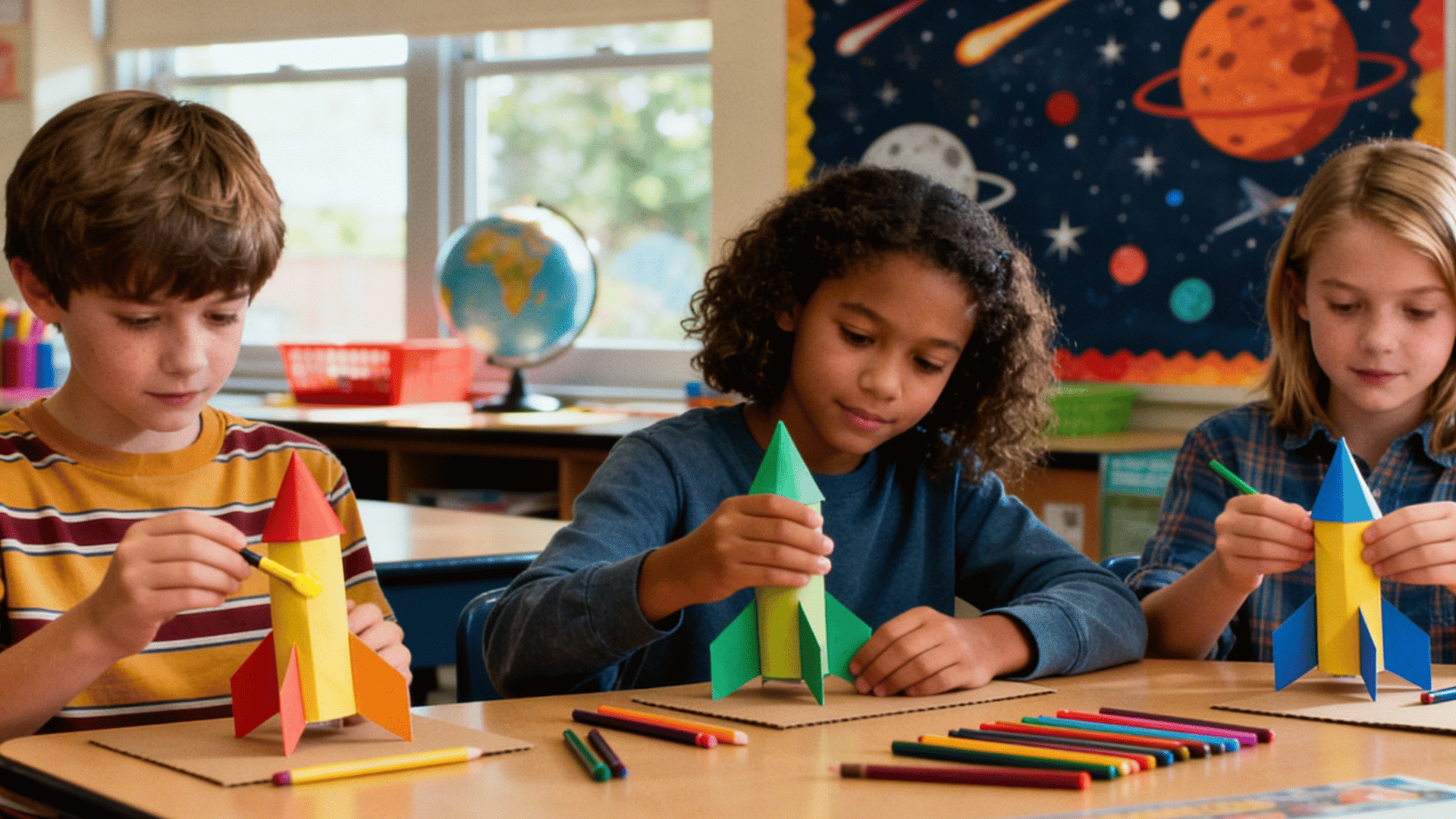 Three children build colorful paper rockets at classroom desks with crayons and space decorations during craft time fun today.