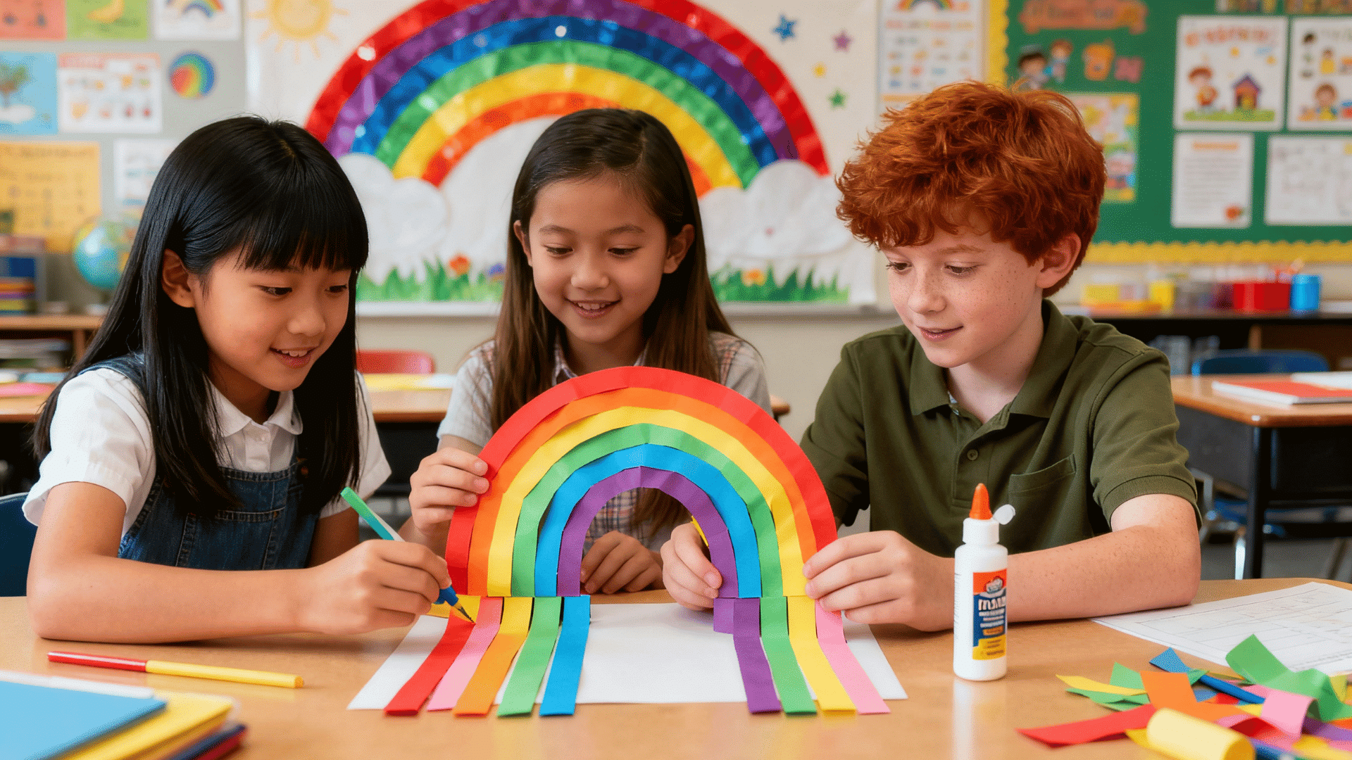 Three children create a colorful paper rainbow craft together at a classroom table with glue and bright paper strips for art fun!